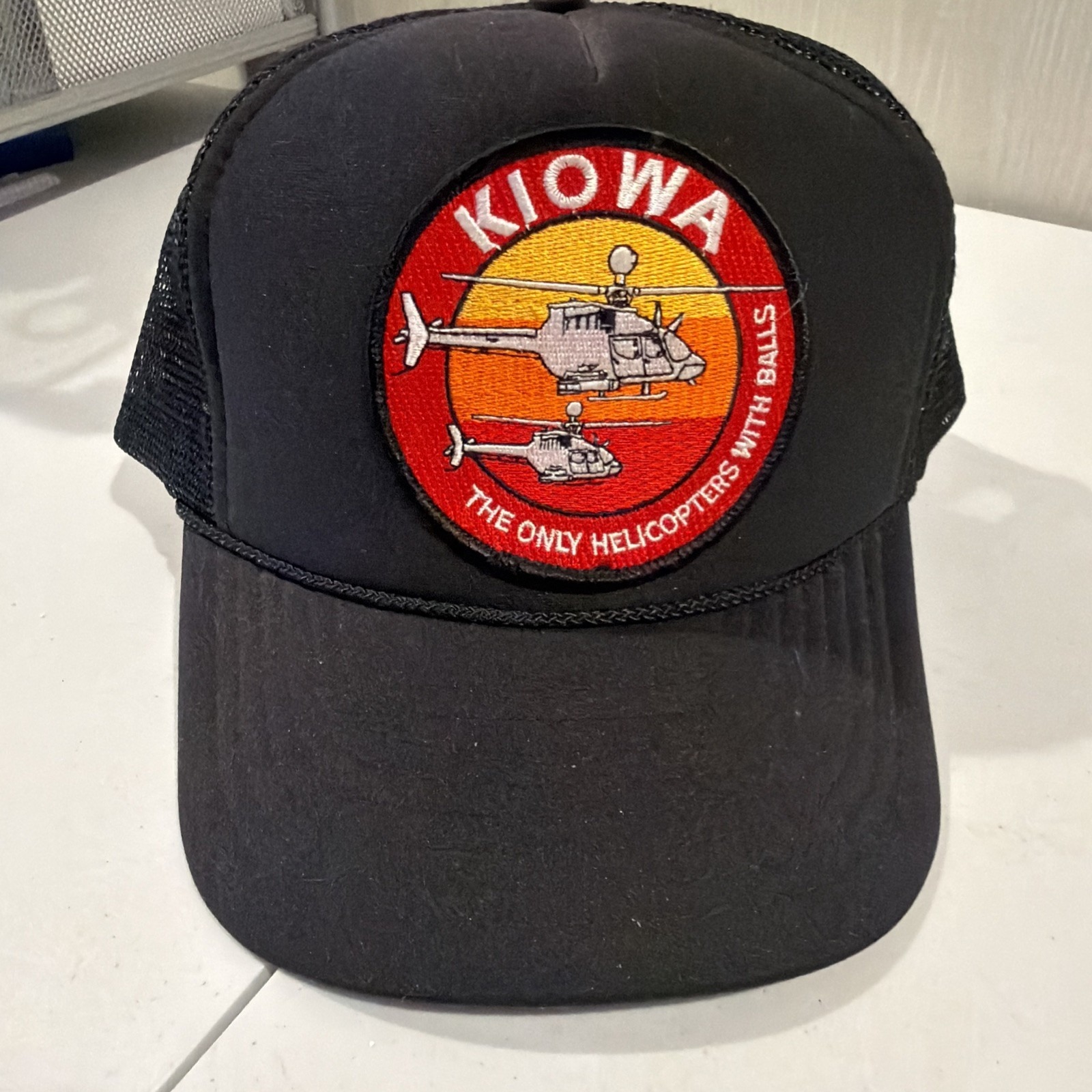 Vintage Nissin Kiowa Helicopter Patch Black Mesh Trucker Snapback Hat Cap
